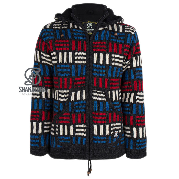 Shakaloha Shakaloha Knitted Wool Cardigan Tictac ZH Anthracite with Fleece Lining and Detachable Hood - Man/Uni - Handmade in Nepal from Sheep Wool
