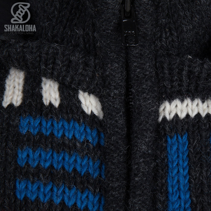 Shakaloha Shakaloha Knitted Wool Cardigan Tictac ZH Anthracite with Fleece Lining and Detachable Hood - Man/Uni - Handmade in Nepal from Sheep Wool