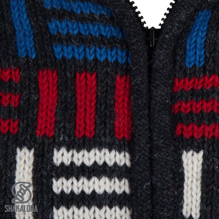 Shakaloha Cardigan en laine tricoté Shakaloha Tictac ZH Anthracite avec doublure en polaire et capuche amovible - Homme/Uni - Fabriqué à la main au Népal à partir de laine de mouton