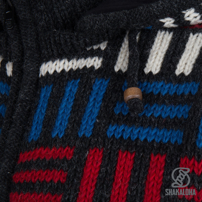 Shakaloha Shakaloha Knitted Wool Cardigan Tictac ZH Anthracite with Fleece Lining and Detachable Hood - Man/Uni - Handmade in Nepal from Sheep Wool