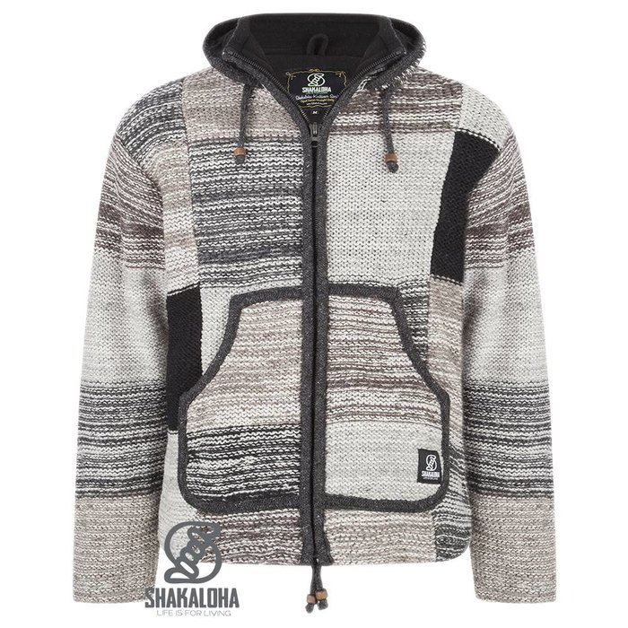 Shakaloha Chaleco de punto de lana Shakaloha con parche NH en colores naturales descoloridos, forro polar y capucha con cuello interior - Hombre/Unisex - Hecho a mano en Nepal con lana de oveja