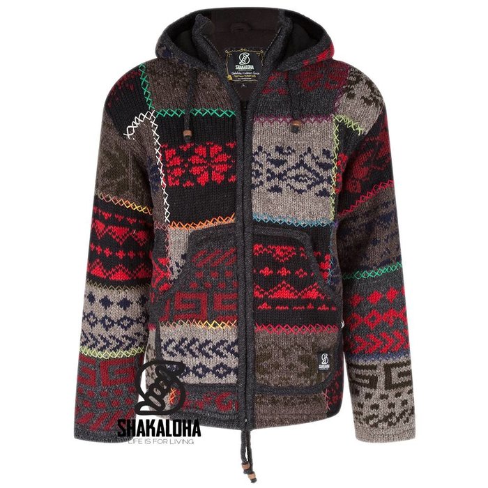 Shakaloha Chaleco de punto de lana Shakaloha con parche NH multicolor brillante con forro polar y capucha con cuello interior - Hombre/Unisex - Hecho a mano en Nepal con lana de oveja
