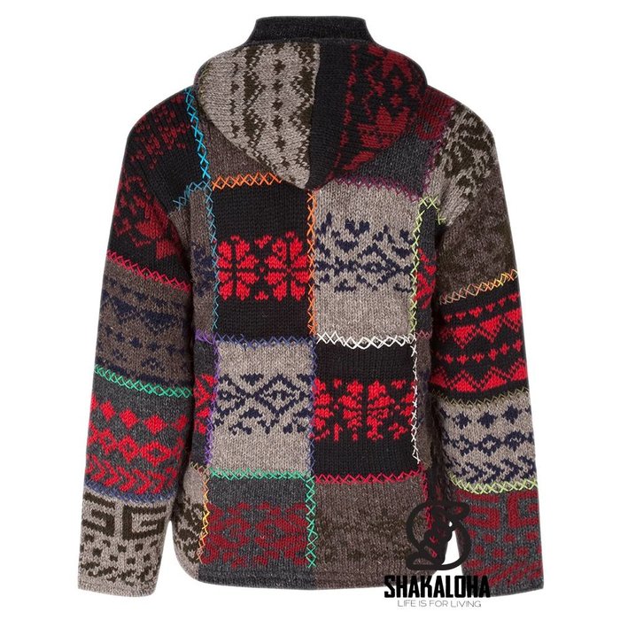 Shakaloha Cardigan en laine tricoté Shakaloha Patch NH Bright Multicolor avec doublure en polaire et capuche avec col intérieur - Homme/Uni - Fabriqué à la main au Népal à partir de laine de mouton