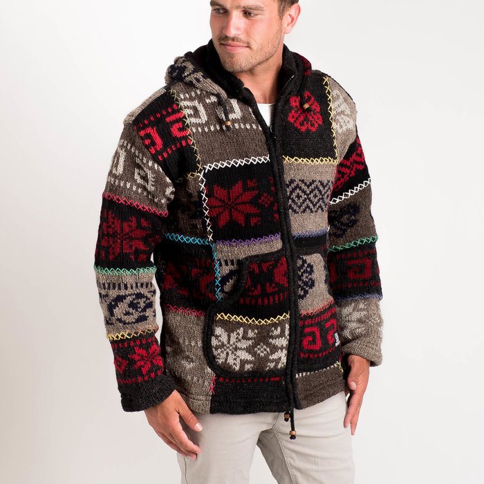 Shakaloha Chaleco de punto de lana Shakaloha con parche NH multicolor brillante con forro polar y capucha con cuello interior - Hombre/Unisex - Hecho a mano en Nepal con lana de oveja