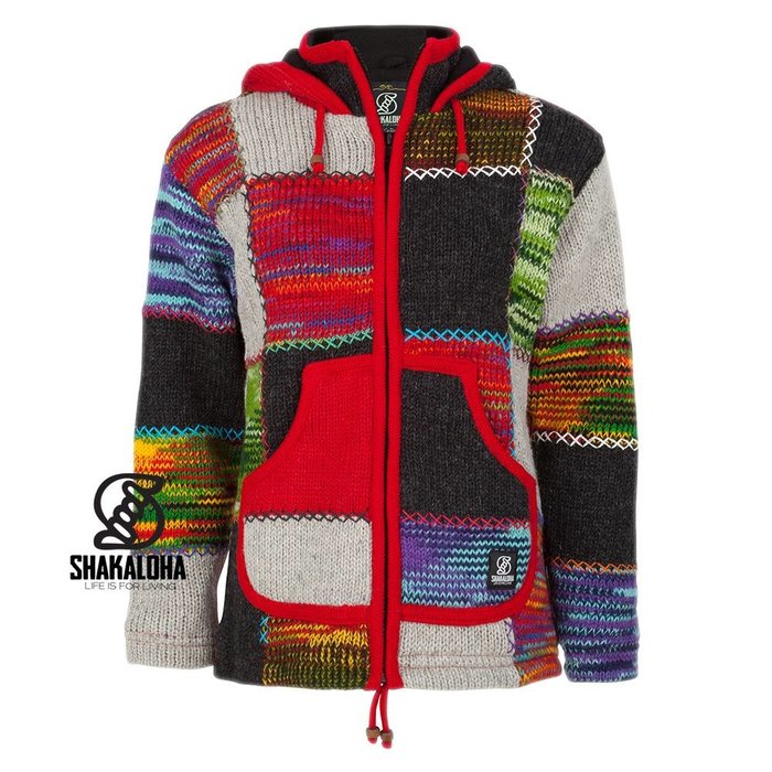 Shakaloha Shakaloha Gebreid Wollen Vest Patch NH Meerkleurig Bont met Fleece Voering en Capuchon met Binnenkraag - Dames - Handgemaakt in Nepal van Schapenwol