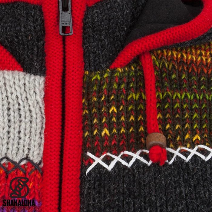 Shakaloha Cardigan en laine tricoté Shakaloha Patch NH Fourrure multicolore avec doublure en polaire et capuche avec col intérieur - Femme - Fabriqué à la main au Népal à partir de laine de mouton