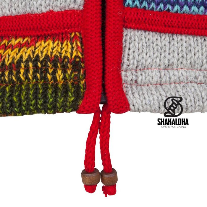 Shakaloha Cardigan en laine tricoté Shakaloha Patch NH Fourrure multicolore avec doublure en polaire et capuche avec col intérieur - Femme - Fabriqué à la main au Népal à partir de laine de mouton