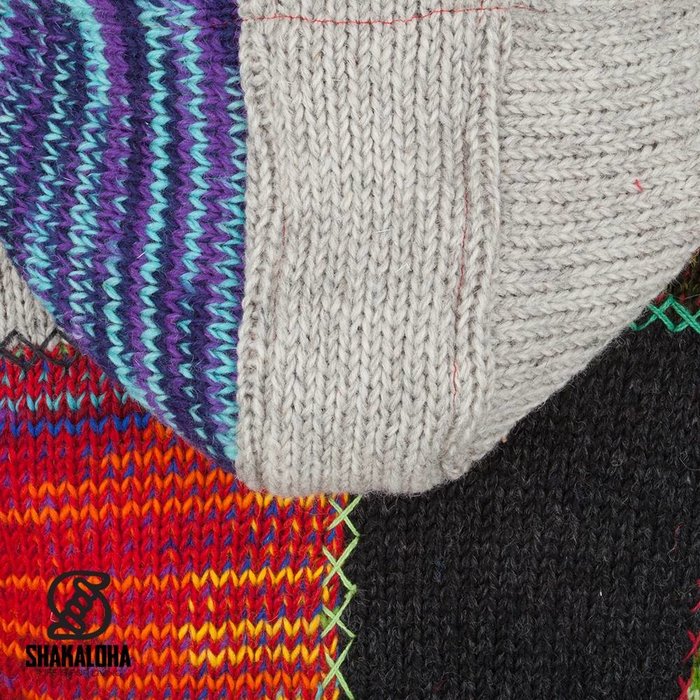 Shakaloha Cardigan en laine tricoté Shakaloha Patch NH Fourrure multicolore avec doublure en polaire et capuche avec col intérieur - Femme - Fabriqué à la main au Népal à partir de laine de mouton
