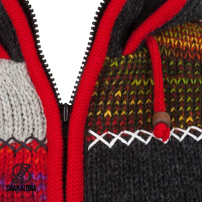 Shakaloha Cardigan en laine tricoté Shakaloha Patch NH Fourrure multicolore avec doublure en polaire et capuche avec col intérieur - Femme - Fabriqué à la main au Népal à partir de laine de mouton