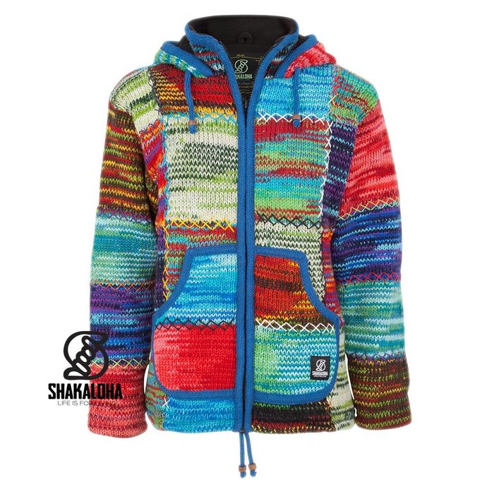 Shakaloha Cardigan en laine tricoté Shakaloha Patch NH Fourrure multicolore avec doublure en polaire et capuche avec col intérieur - Femme - Fabriqué à la main au Népal à partir de laine de mouton
