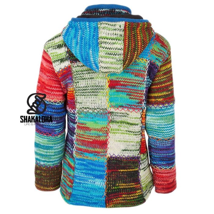 Shakaloha Cardigan en laine tricoté Shakaloha Patch NH Fourrure multicolore avec doublure en polaire et capuche avec col intérieur - Femme - Fabriqué à la main au Népal à partir de laine de mouton
