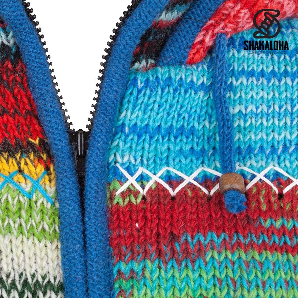 Shakaloha Cardigan en laine tricoté Shakaloha Patch NH Fourrure multicolore avec doublure en polaire et capuche avec col intérieur - Femme - Fabriqué à la main au Népal à partir de laine de mouton
