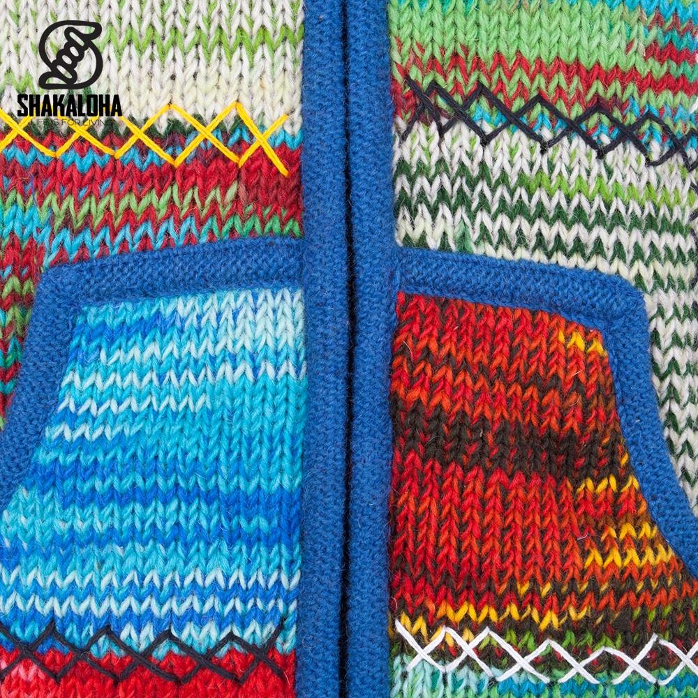Shakaloha Chaleco de punto de lana Shakaloha con parche NH de piel multicolor con forro polar y capucha con cuello interior - Mujer - Hecho a mano en Nepal con lana de oveja