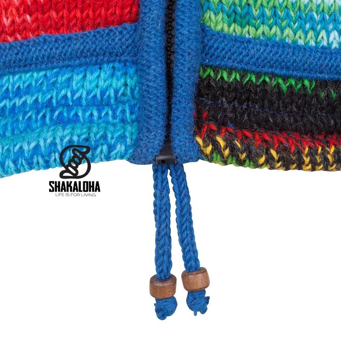 Shakaloha Cardigan en laine tricoté Shakaloha Patch NH Fourrure multicolore avec doublure en polaire et capuche avec col intérieur - Femme - Fabriqué à la main au Népal à partir de laine de mouton