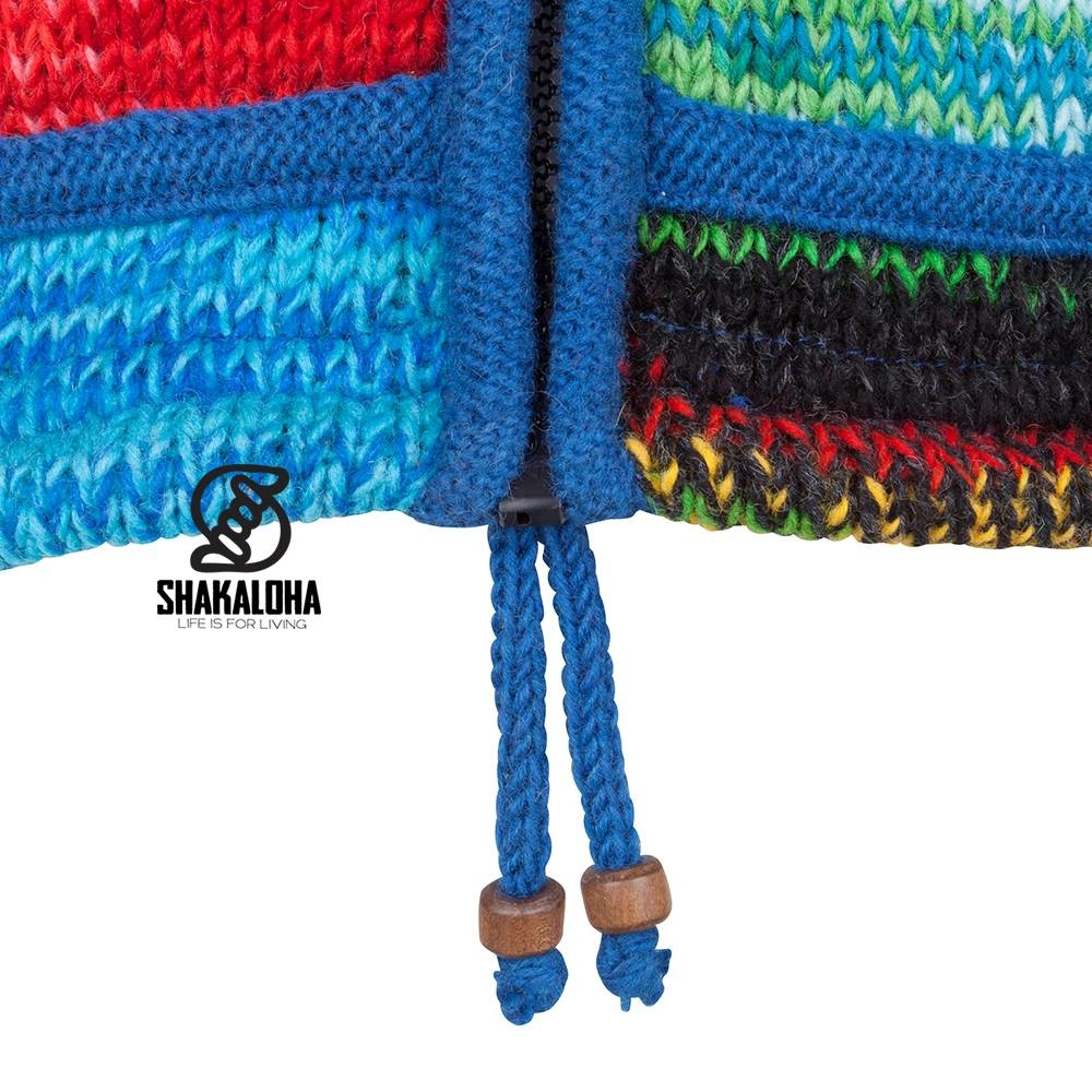 Shakaloha Chaleco de punto de lana Shakaloha con parche NH de piel multicolor con forro polar y capucha con cuello interior - Mujer - Hecho a mano en Nepal con lana de oveja
