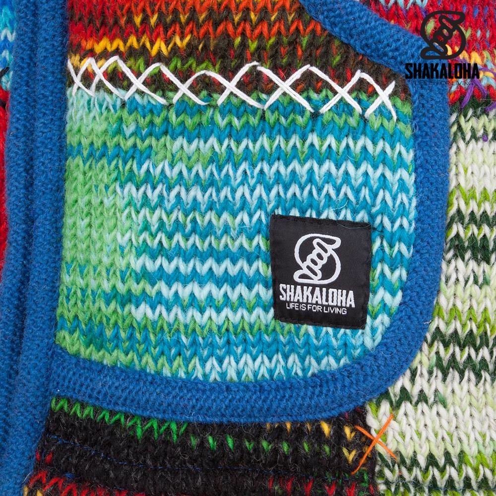 Shakaloha Chaleco de punto de lana Shakaloha con parche NH de piel multicolor con forro polar y capucha con cuello interior - Mujer - Hecho a mano en Nepal con lana de oveja