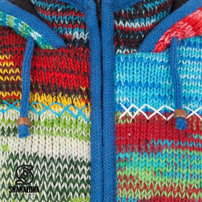 Shakaloha Chaleco de punto de lana Shakaloha con parche NH de piel multicolor con forro polar y capucha con cuello interior - Mujer - Hecho a mano en Nepal con lana de oveja