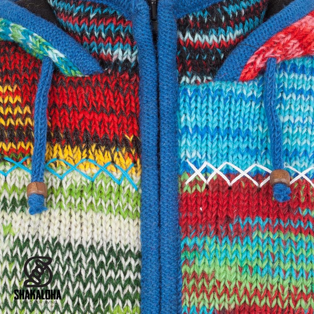 Shakaloha Chaleco de punto de lana Shakaloha con parche NH de piel multicolor con forro polar y capucha con cuello interior - Mujer - Hecho a mano en Nepal con lana de oveja