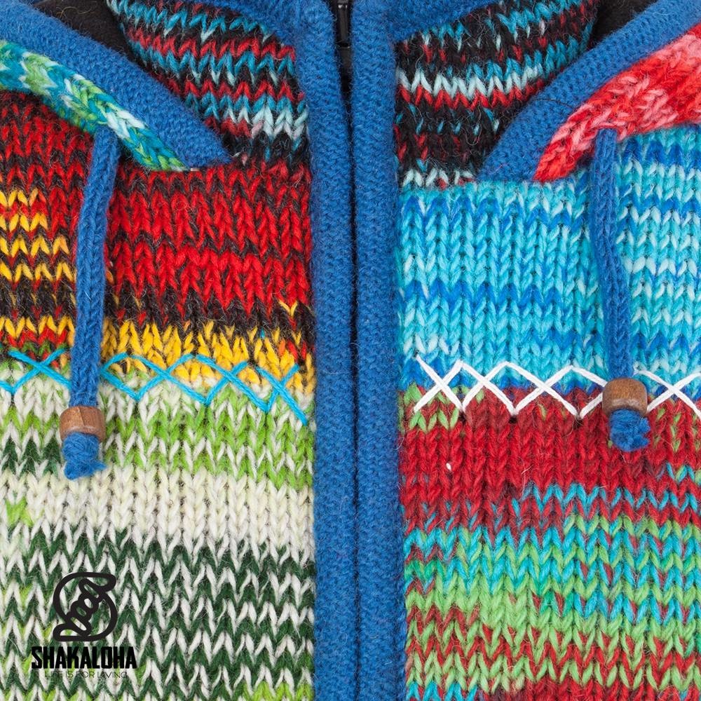 Shakaloha Shakaloha Knitted Wool Cardigan Patch NH Multicolored Fur mit Fleecefutter und Kapuze mit Innenkragen - Damen - Handmade in Nepal from Sheep Wool