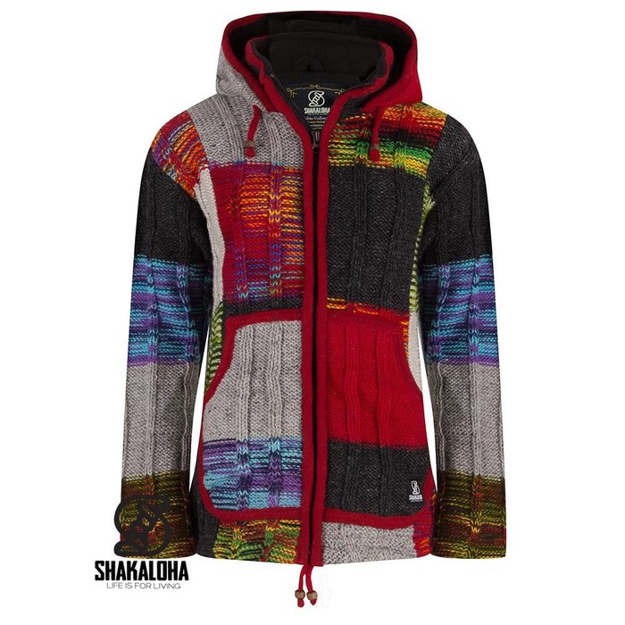Shakaloha Gilet in lana lavorata a maglia Shakaloha con toppe a coste, pelliccia multicolore, fodera in pile e cappuccio - Donna - Fatto a mano in Nepal con lana di pecora