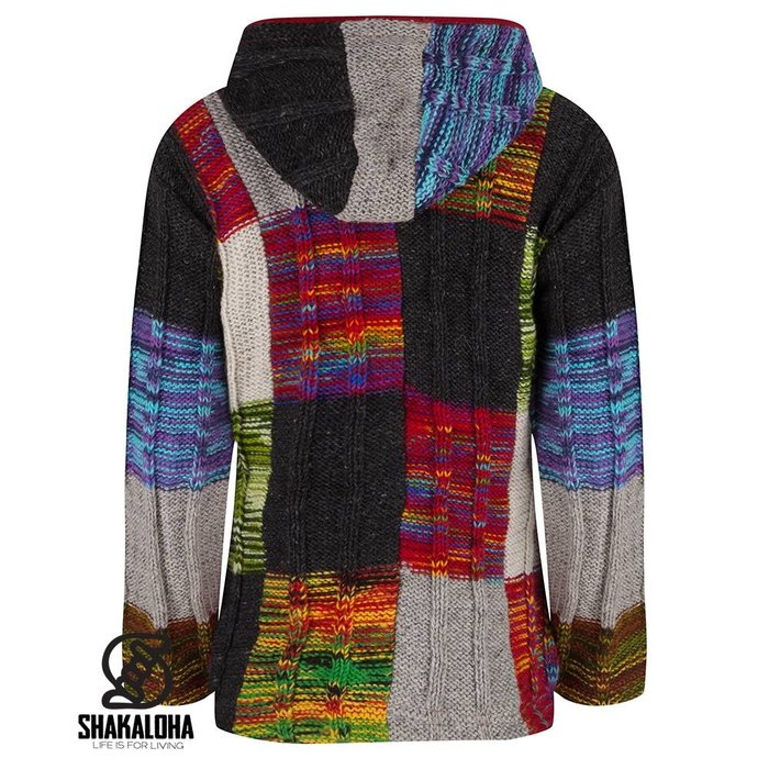 Shakaloha Gilet in lana lavorata a maglia Shakaloha con toppe a coste, pelliccia multicolore, fodera in pile e cappuccio - Donna - Fatto a mano in Nepal con lana di pecora