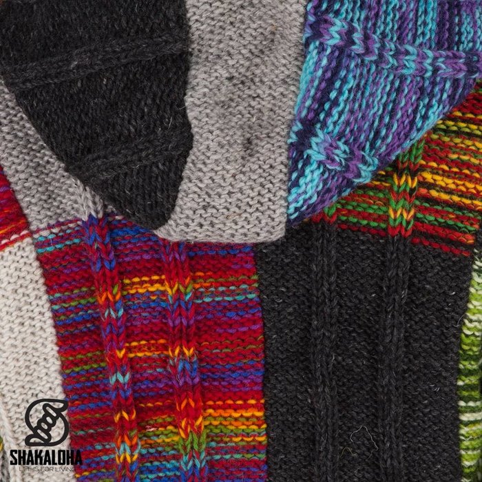 Shakaloha Gilet in lana lavorata a maglia Shakaloha con toppe a coste, pelliccia multicolore, fodera in pile e cappuccio - Donna - Fatto a mano in Nepal con lana di pecora