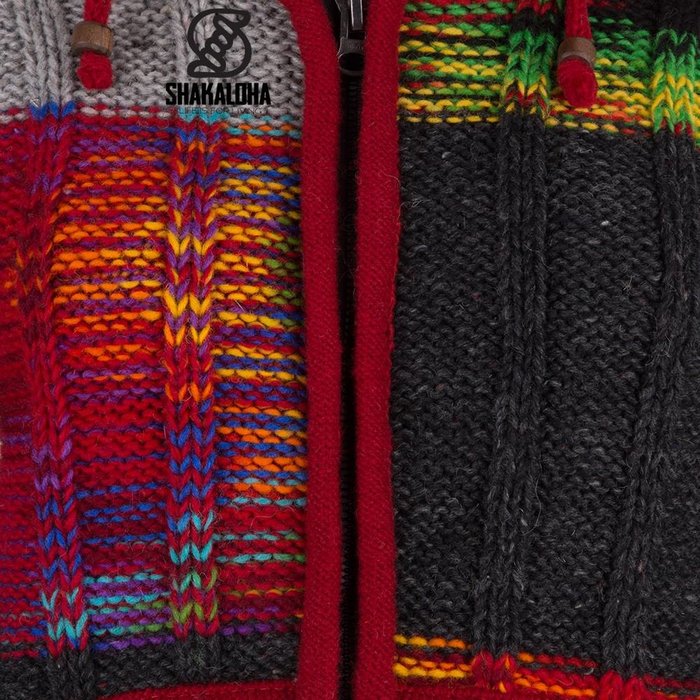 Shakaloha Gilet in lana lavorata a maglia Shakaloha con toppe a coste, pelliccia multicolore, fodera in pile e cappuccio - Donna - Fatto a mano in Nepal con lana di pecora