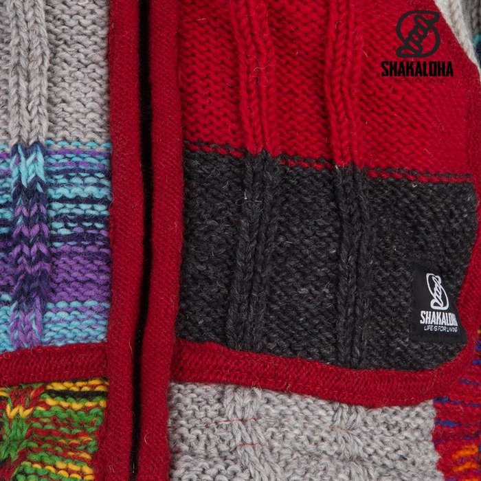 Shakaloha Gilet in lana lavorata a maglia Shakaloha con toppe a coste, pelliccia multicolore, fodera in pile e cappuccio - Donna - Fatto a mano in Nepal con lana di pecora
