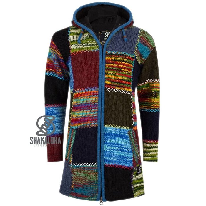 Shakaloha Gilet lungo in lana lavorata a maglia Shakaloha con pelliccia multicolore, fodera in pile e cappuccio - Donna - Fatto a mano in Nepal con lana di pecora