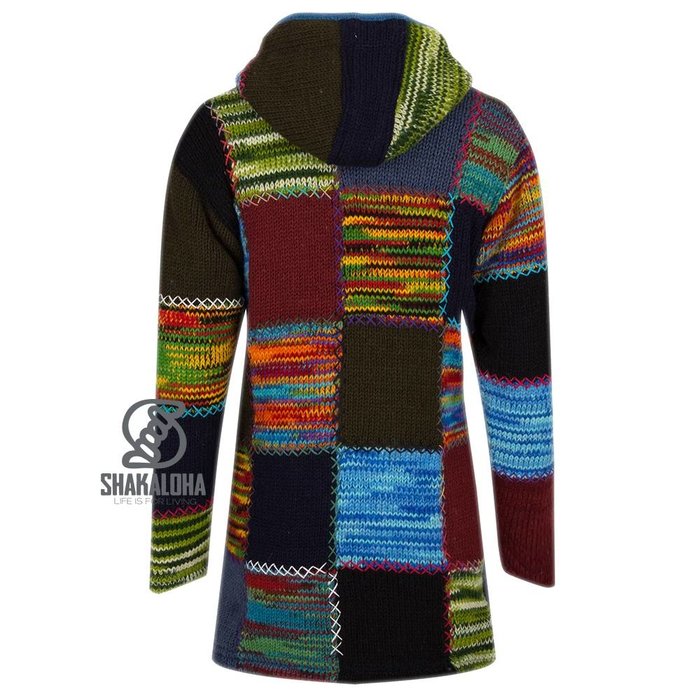 Shakaloha Gilet lungo in lana lavorata a maglia Shakaloha con pelliccia multicolore, fodera in pile e cappuccio - Donna - Fatto a mano in Nepal con lana di pecora