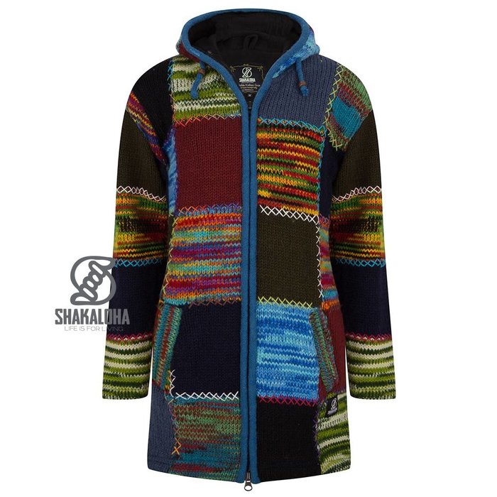 Shakaloha Gilet lungo in lana lavorata a maglia Shakaloha con pelliccia multicolore, fodera in pile e cappuccio - Donna - Fatto a mano in Nepal con lana di pecora
