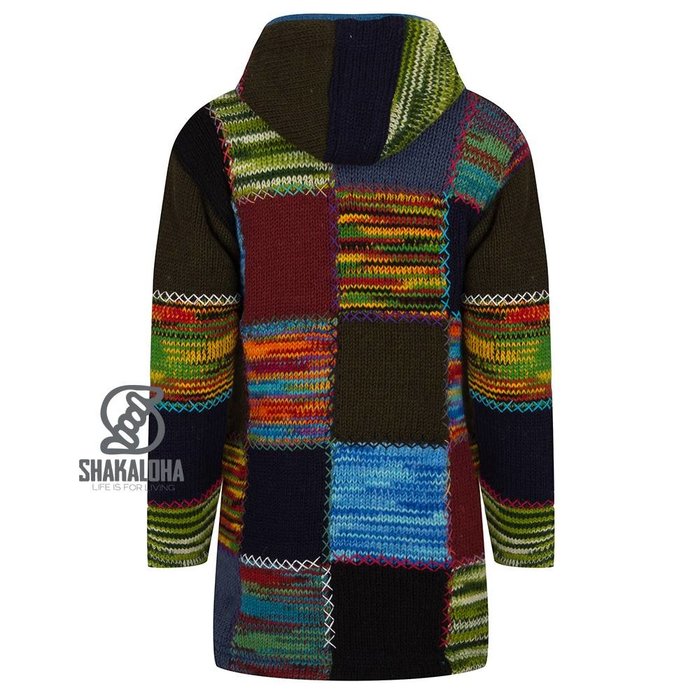 Shakaloha Gilet lungo in lana lavorata a maglia Shakaloha con pelliccia multicolore, fodera in pile e cappuccio - Donna - Fatto a mano in Nepal con lana di pecora