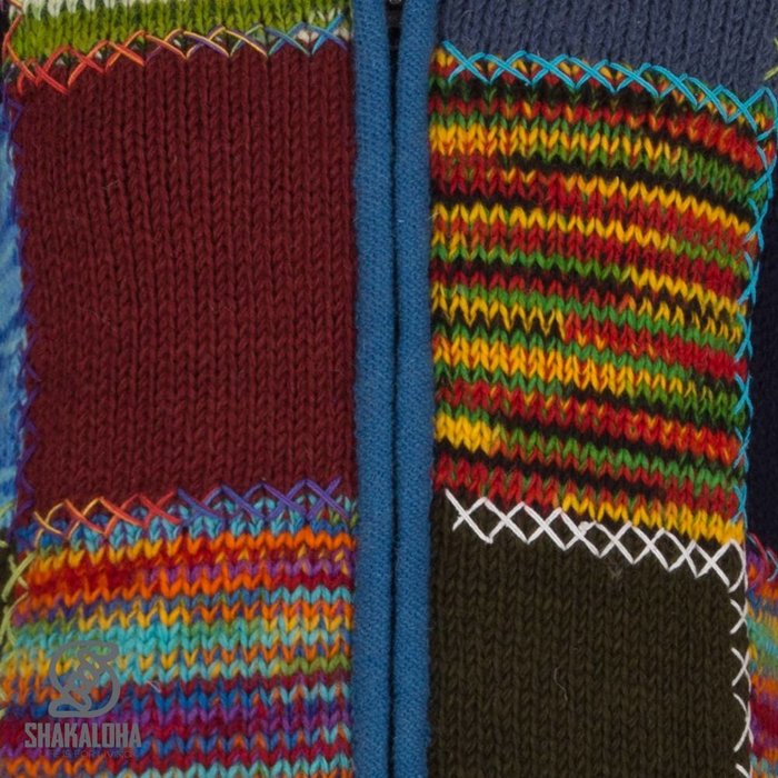 Shakaloha Gilet lungo in lana lavorata a maglia Shakaloha con pelliccia multicolore, fodera in pile e cappuccio - Donna - Fatto a mano in Nepal con lana di pecora