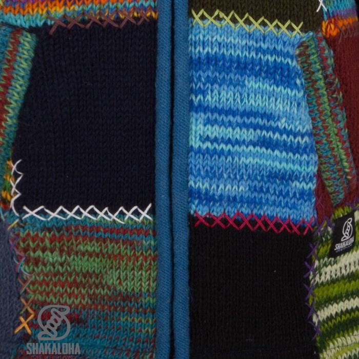 Shakaloha Gilet lungo in lana lavorata a maglia Shakaloha con pelliccia multicolore, fodera in pile e cappuccio - Donna - Fatto a mano in Nepal con lana di pecora