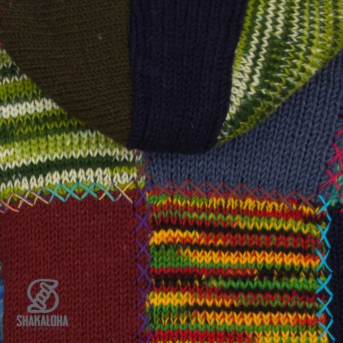 Shakaloha Shakaloha Gebreid Wollen Vest Longpatch Meerkleurig Bont met Fleece Voering en Capuchon - Dames - Handgemaakt in Nepal van Schapenwol