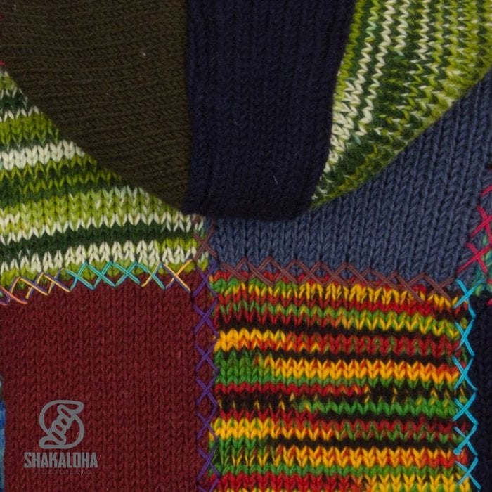 Shakaloha Shakaloha Strickwolle Strickjacke Langer Patch Mehrfarbiger Pelz mit Fleecefutter und Kapuze - Damen - Handgefertigt in Nepal aus Schafwolle
