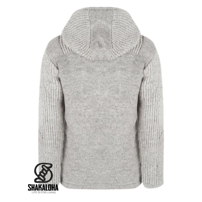 Shakaloha Chaleco de punto de lana Shakaloha gris finlandés con forro polar y capucha desmontable - Hombre/Unisex - Hecho a mano en Nepal con lana de oveja