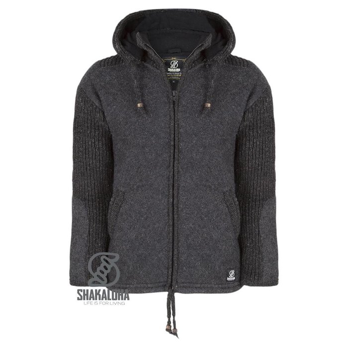 Shakaloha Cardigan en laine tricoté Shakaloha Finn Anthracite avec doublure en polaire et capuche amovible - Homme/Uni - Fabriqué à la main au Népal à partir de laine de mouton