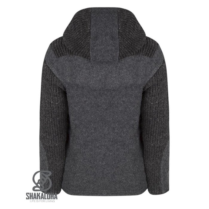 Shakaloha Cardigan en laine tricoté Shakaloha Finn Anthracite avec doublure en polaire et capuche amovible - Homme/Uni - Fabriqué à la main au Népal à partir de laine de mouton