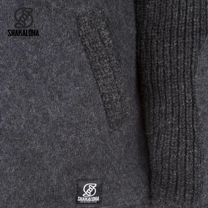 Shakaloha Cardigan en laine tricoté Shakaloha Finn Anthracite avec doublure en polaire et capuche amovible - Homme/Uni - Fabriqué à la main au Népal à partir de laine de mouton