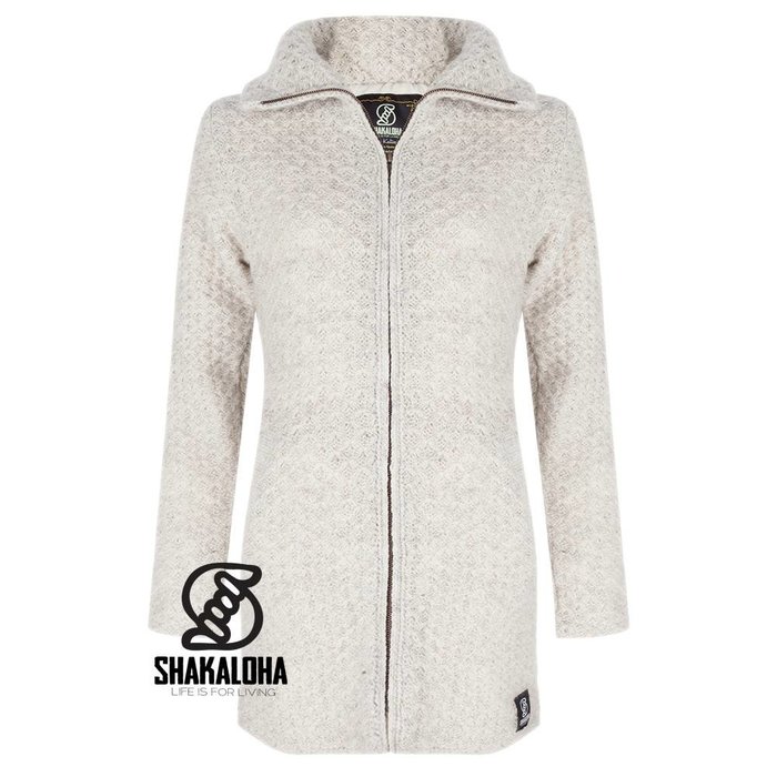 Shakaloha Chaleco de punto de lana Shakaloha Idol beige crema con forro polar y cuello alto - Mujer - Hecho a mano en Nepal con lana de oveja
