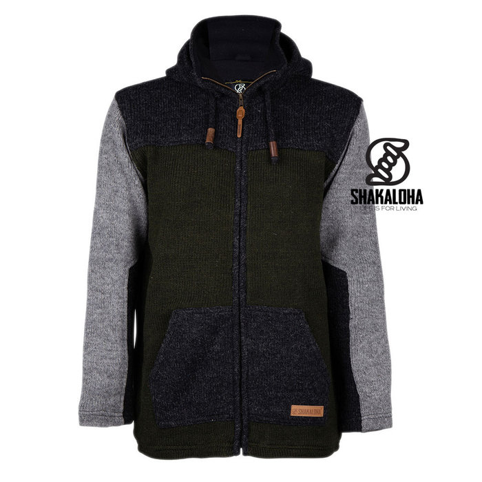 Shakaloha Knitted Wool Men Cardigan in Olive Green with Dark Gray, Shakaloha M Fink ZH OliveAntra