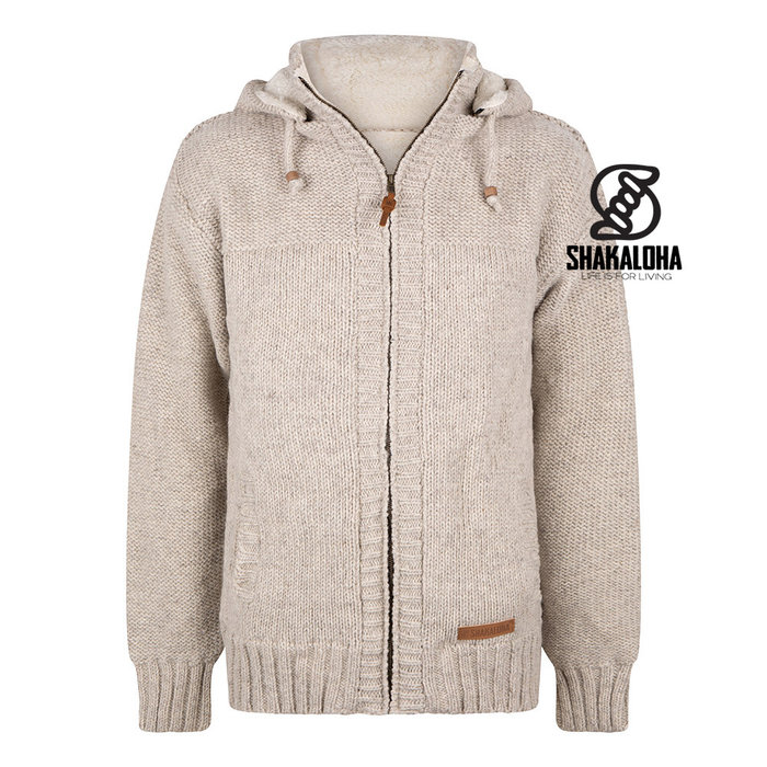 Shakaloha Cardigan en laine tricoté Shakaloha Chamonix ZH avec doublure en polaire Teddy et capuche - Homme / Uni - Fait à la main au Népal à partir de laine de mouton
