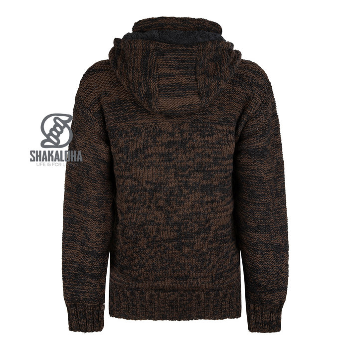 Shakaloha Cardigan en laine tricoté Shakaloha Chamonix ZH avec doublure en polaire Teddy et capuche amovible - Homme/Uni - Fabriqué à la main au Népal à partir de laine de mouton