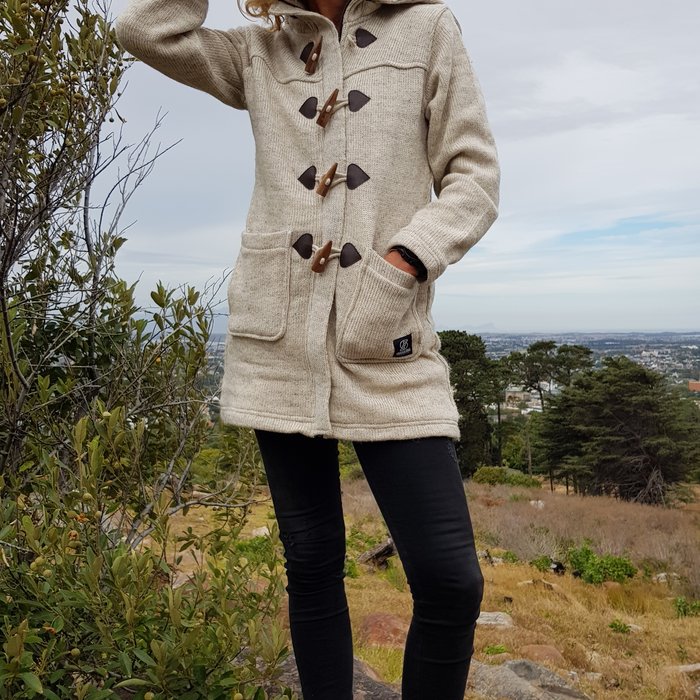 Shakaloha Shakaloha Knitted Wool Cardigan Cody Beige Cream with Fleece Lining and Detachable Hood - Women - Handmade in Nepal from Sheep Wool