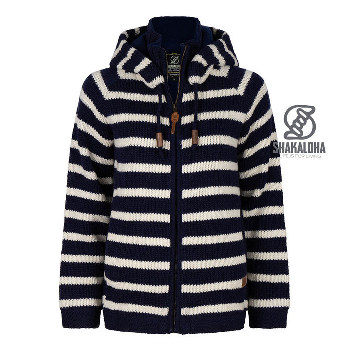 Shakaloha Cardigan tricoté en laine Shakaloha, style breton, zippé, bleu marine et blanc, avec doublure polaire et capuche amovible - Femme - Fabriqué au Népal en laine de mouton