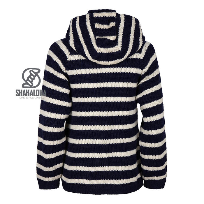 Shakaloha Shakaloha Knitted Wool Cardigan Breton Ziphood Navy Blue White with Fleece Lining and Detachable Hood - Women - Handmade in Nepal from Sheep Wool