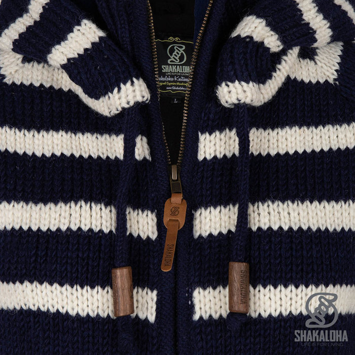Shakaloha Shakaloha Strick-Wollcardigan Breton Ziphood Marineblau Weiß mit Fleecefutter und abnehmbarer Kapuze – Damen – Handgefertigt in Nepal aus Schafwolle