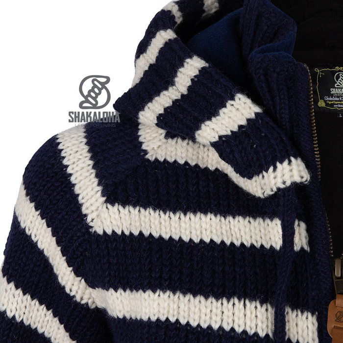 Shakaloha Cardigan tricoté en laine Shakaloha, style breton, zippé, bleu marine et blanc, avec doublure polaire et capuche amovible - Femme - Fabriqué au Népal en laine de mouton