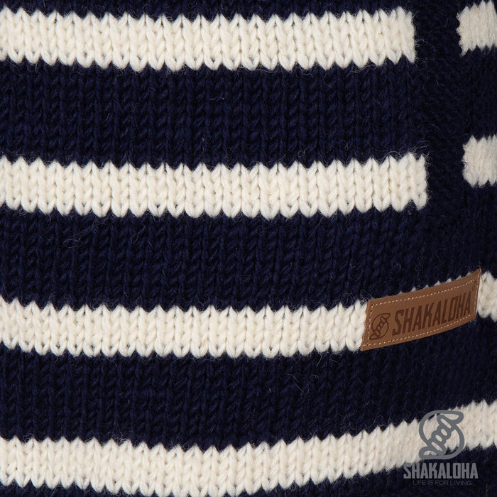 Shakaloha Shakaloha Knitted Wool Cardigan Breton Ziphood Navy Blue White with Fleece Lining and Detachable Hood - Women - Handmade in Nepal from Sheep Wool